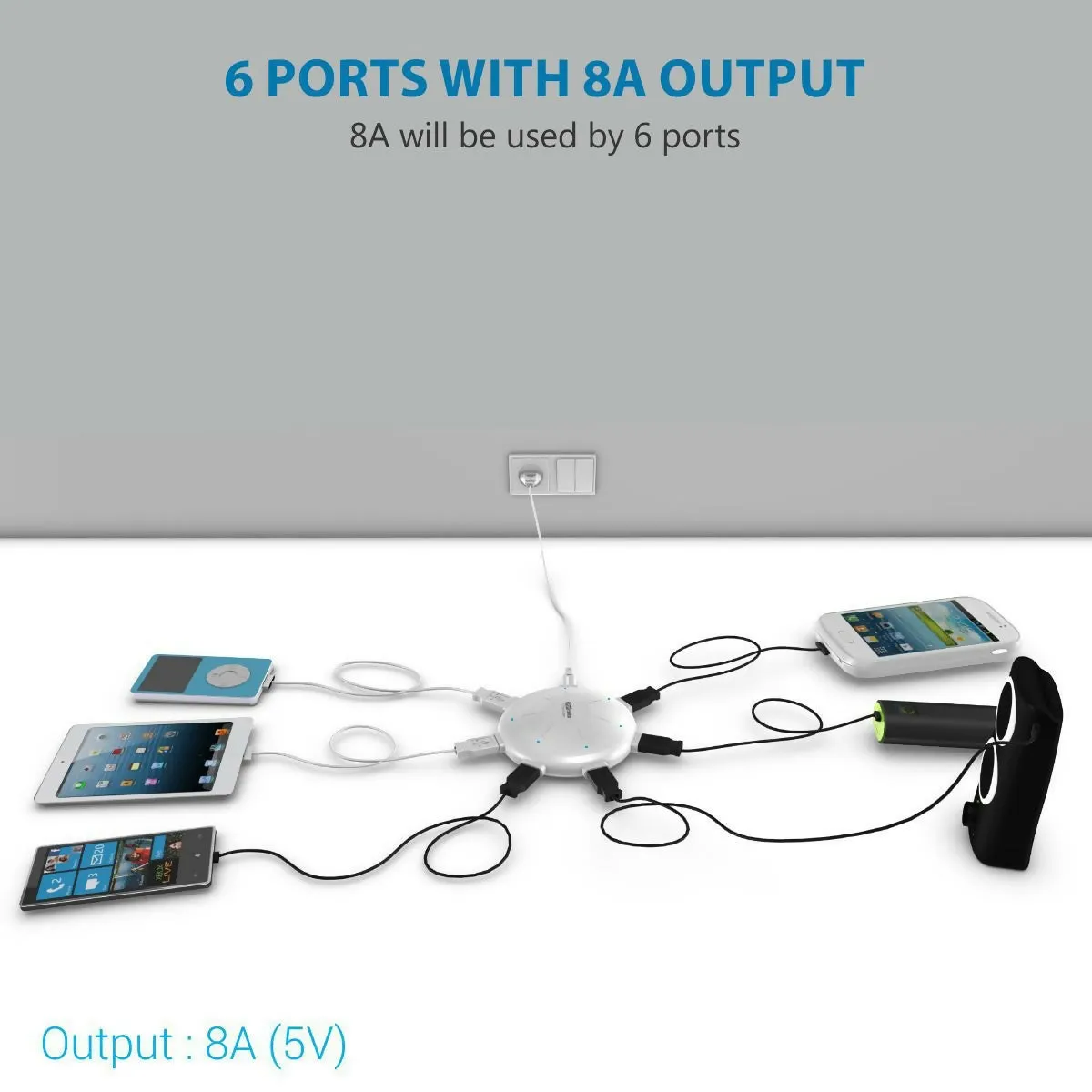 Portronics UFO 6-Port USB Charger – Multi-Device Charging Station, 8A Output (White)