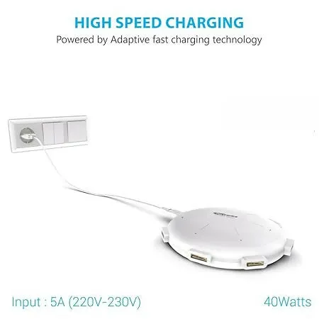 Portronics UFO 6-Port USB Charger – Multi-Device Charging Station, 8A Output (White)