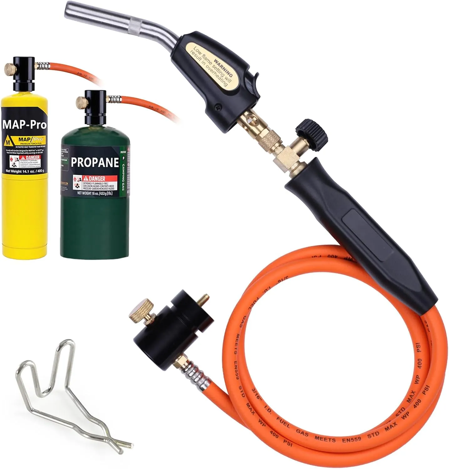 Propane Torch Hose Kit 3.6Ft, Mapp Map Gas Torch Kit Trigger Start, Adjustable Flame Knob Near Torch Head Stainless Steel, Soldering Torch for Gift-with Hook