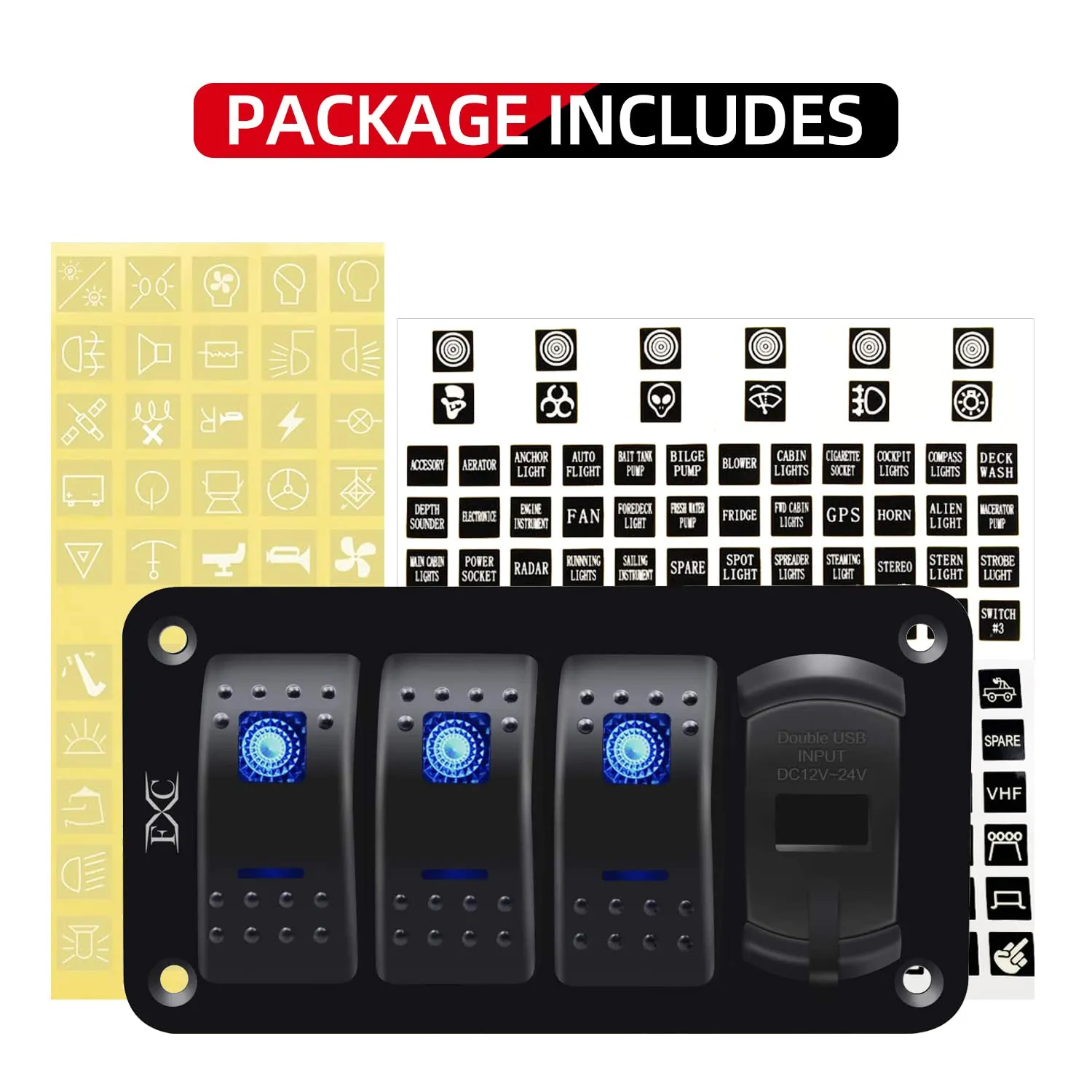 Purishion 3 Gang Rocker Switch Aluminum Panel with Voltmeter & Dual USB(4.8 Amps) Fast Charging, Blue Backlit Led, Pre-Wired IP65 Waterproof for Marine, Boat, Car, Truck, Polaris, Jeep (Blue)