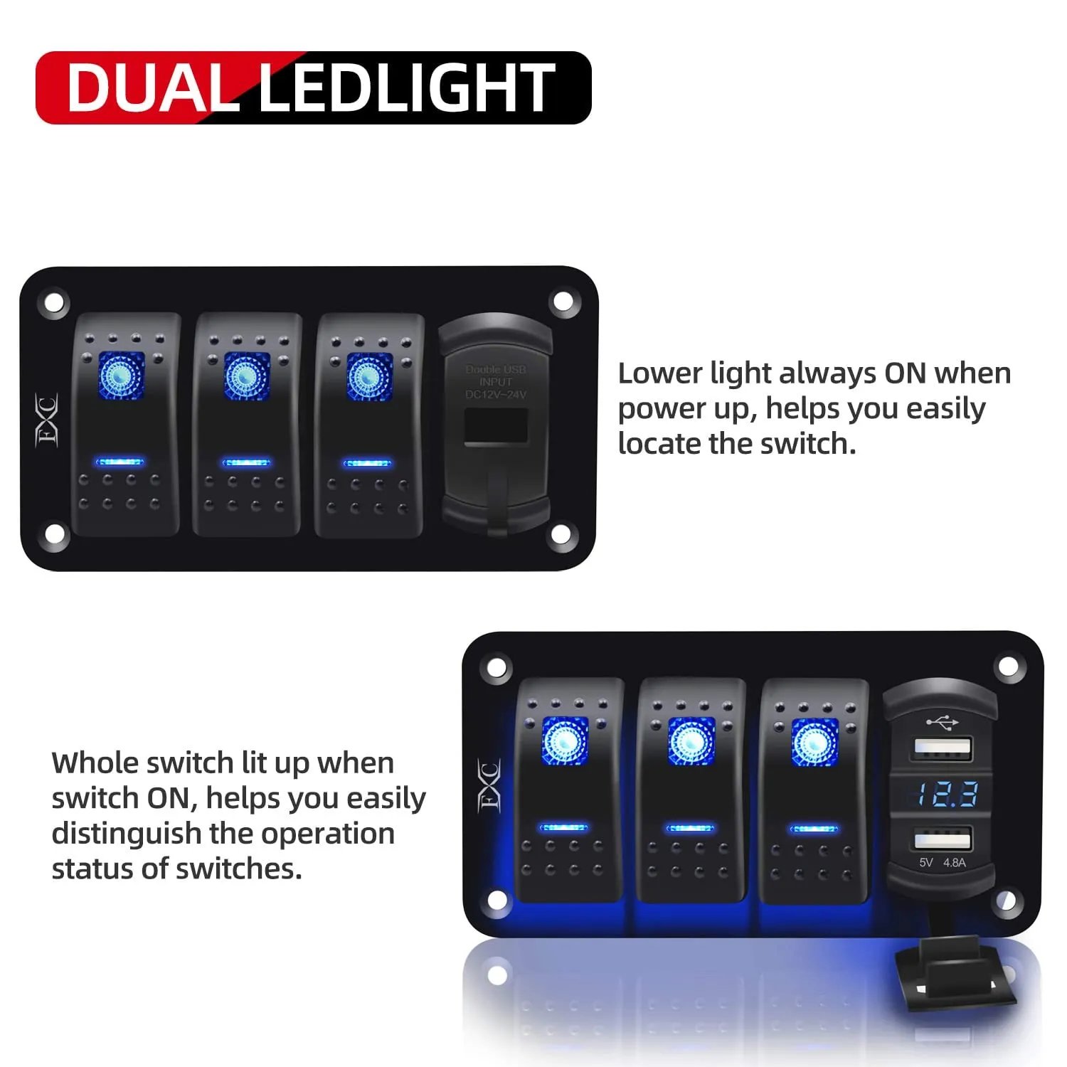 Purishion 3 Gang Rocker Switch Aluminum Panel with Voltmeter & Dual USB(4.8 Amps) Fast Charging, Blue Backlit Led, Pre-Wired IP65 Waterproof for Marine, Boat, Car, Truck, Polaris, Jeep (Blue)