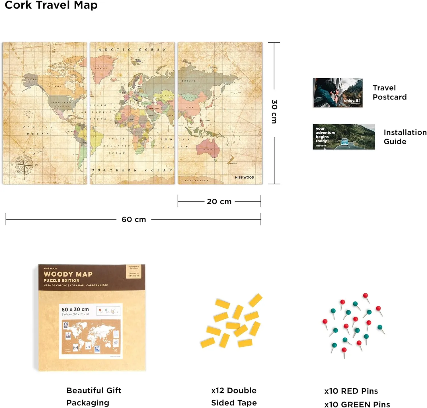 Push Pin Travel Map Kit Includes: Cork World Travel Map, Double Side tape, Pins. Gift for Travelers (Old School, Puzzle M Standard)
