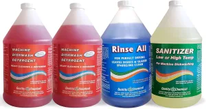 Quality Chemical Commercial Dishwashing Kit/4 Gallon Combo Pack - Dishwash (2 Pack), Rinse All (1 Pack), Chloro Guard Low Temp (1 Pack)/Food Grade Sanitizer for Restaurant Dishwasher Sanitizer