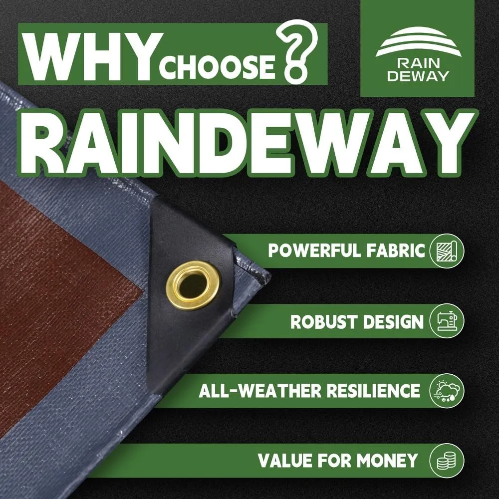 RAINDEWAY 10x12 Feet Super Heavy Duty Tarp 18 Mil, UV Resistant, Weatherproof, Multipurpose Waterproof Poly Tarp with Grommets and Reinforced Edges, Brown/Gray Tarps