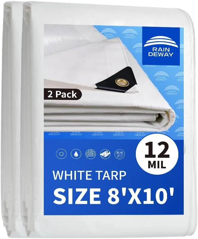 RAINDEWAY 12 Mil Heavy Duty White Tarp 8x10 Feet (2 Pack), UV Resistant, Waterproof, Weatherproof Poly Tarp with Metal Grommets and Reinforced Edges