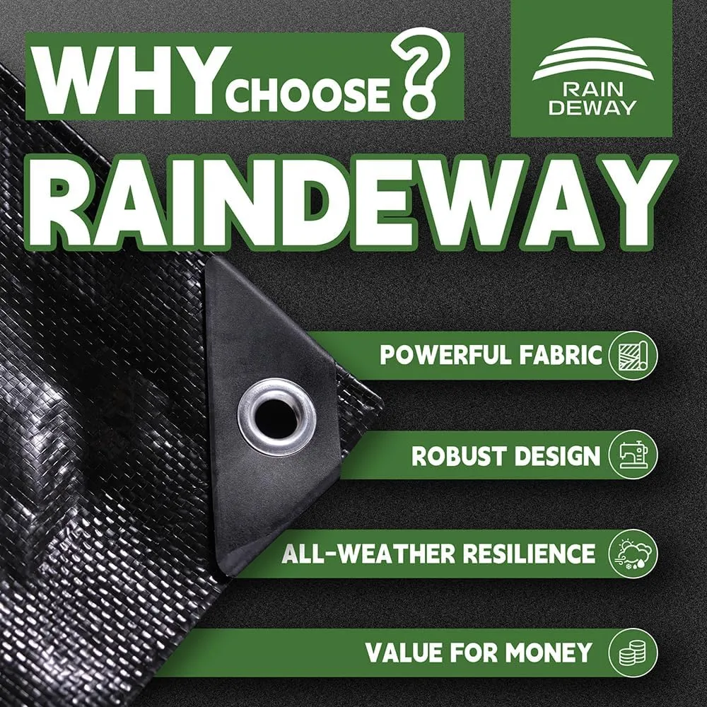 RAINDEWAY Black Tarp 8x10 Feet, UV Resistant, 8 Mil Multipurpose Medium Duty Waterproof Poly Tarp Cover with Metal Grommets and Reinforced Edges