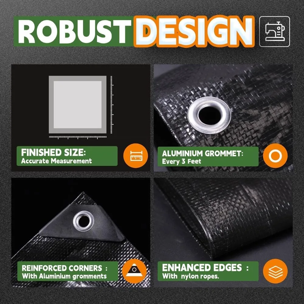 RAINDEWAY Black Tarp 8x10 Feet, UV Resistant, 8 Mil Multipurpose Medium Duty Waterproof Poly Tarp Cover with Metal Grommets and Reinforced Edges