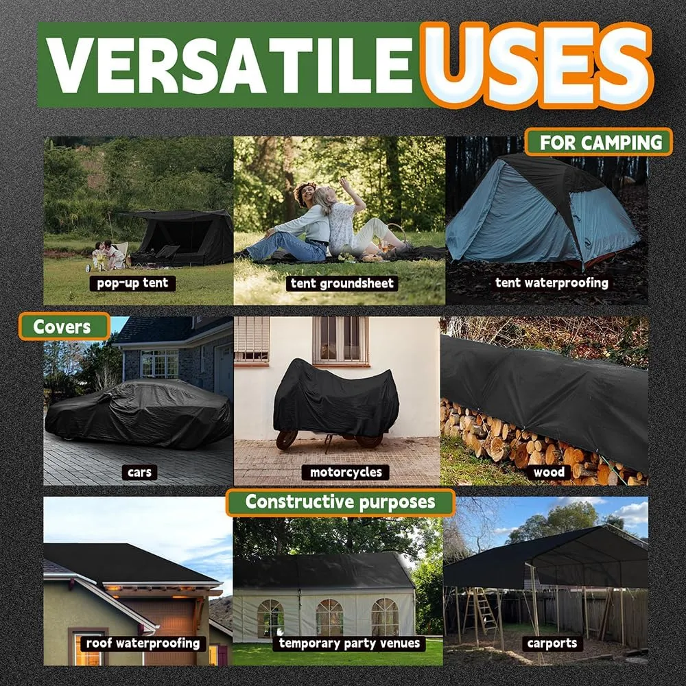 RAINDEWAY Black Tarp 8x10 Feet, UV Resistant, 8 Mil Multipurpose Medium Duty Waterproof Poly Tarp Cover with Metal Grommets and Reinforced Edges