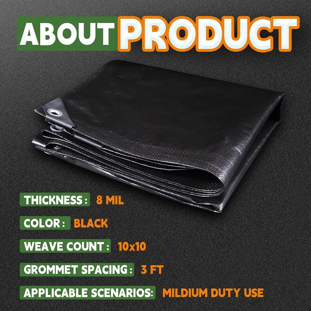 RAINDEWAY Black Tarp 8x10 Feet, UV Resistant, 8 Mil Multipurpose Medium Duty Waterproof Poly Tarp Cover with Metal Grommets and Reinforced Edges