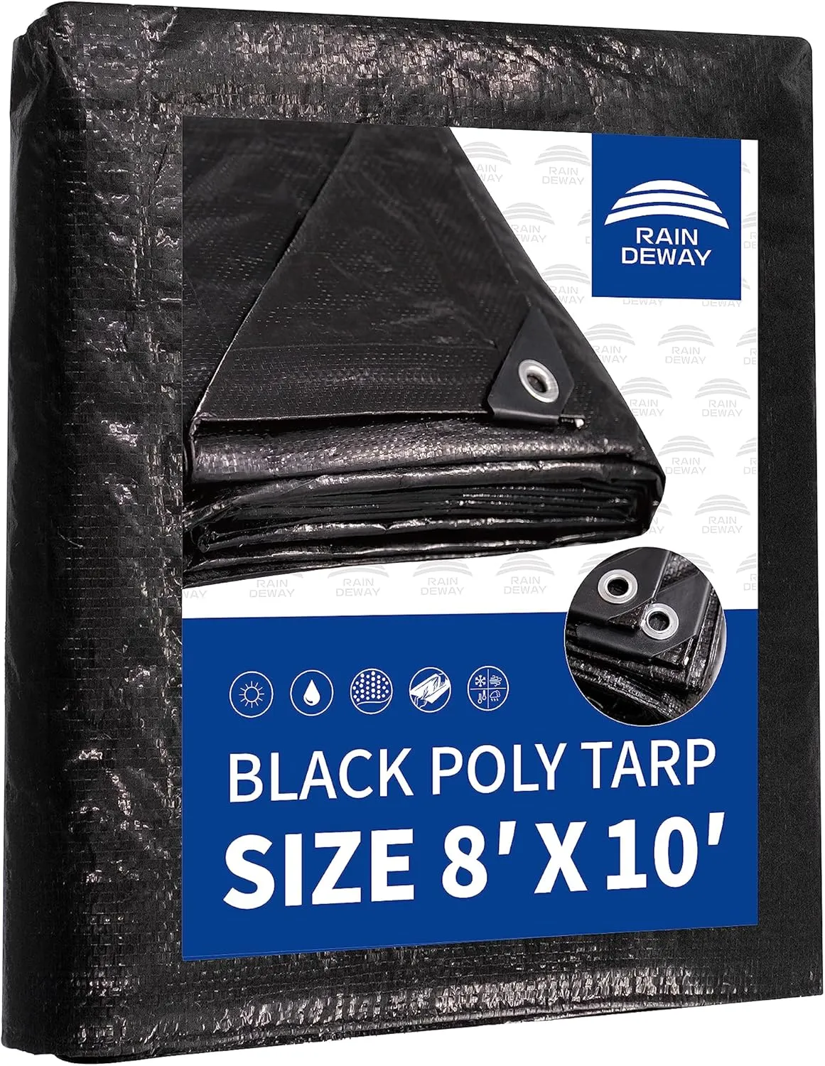 RAINDEWAY Black Tarp 8x10 Feet, UV Resistant, 8 Mil Multipurpose Medium Duty Waterproof Poly Tarp Cover with Metal Grommets and Reinforced Edges