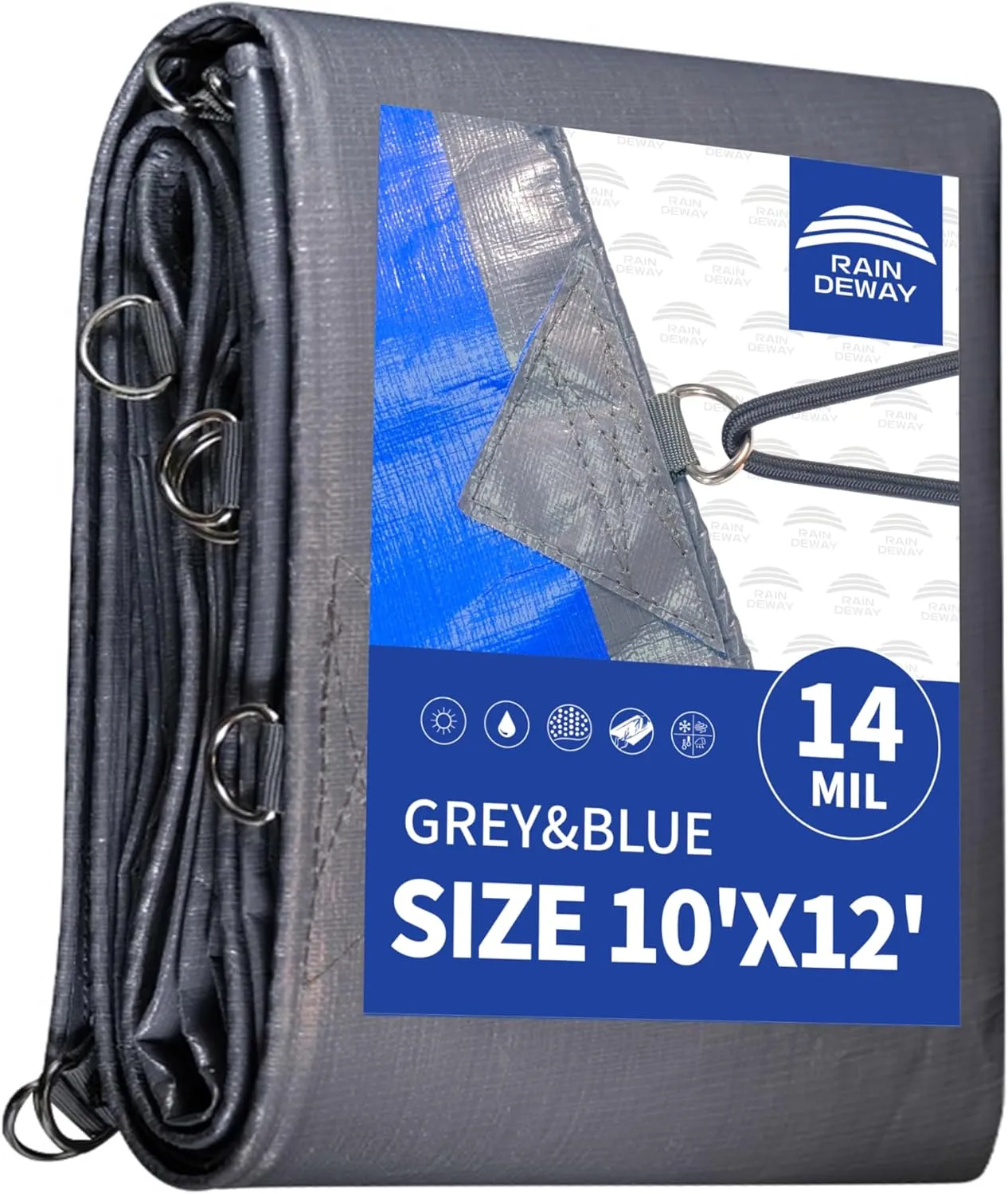 RAINDEWAY Tarps Heavy Duty Waterproof 10x12 Feet -14 Mils Super Heavy Duty Tarp with Metal Rings and Reinforced Corners and Edges, UV Resistant, Multipurpose Poly Tarp,Blue/Gray tarp