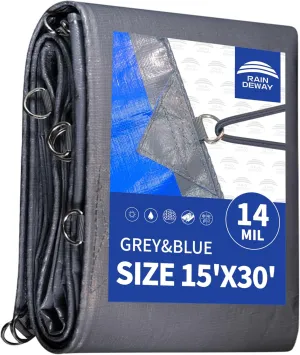 RAINDEWAY Tarps Heavy Duty Waterproof 15x30 Feet -14 Mils Super Heavy Duty Tarp with Metal Rings and Reinforced Corners and Edges, UV Resistant, Multipurpose Poly Tarp,Blue/Gray tarp