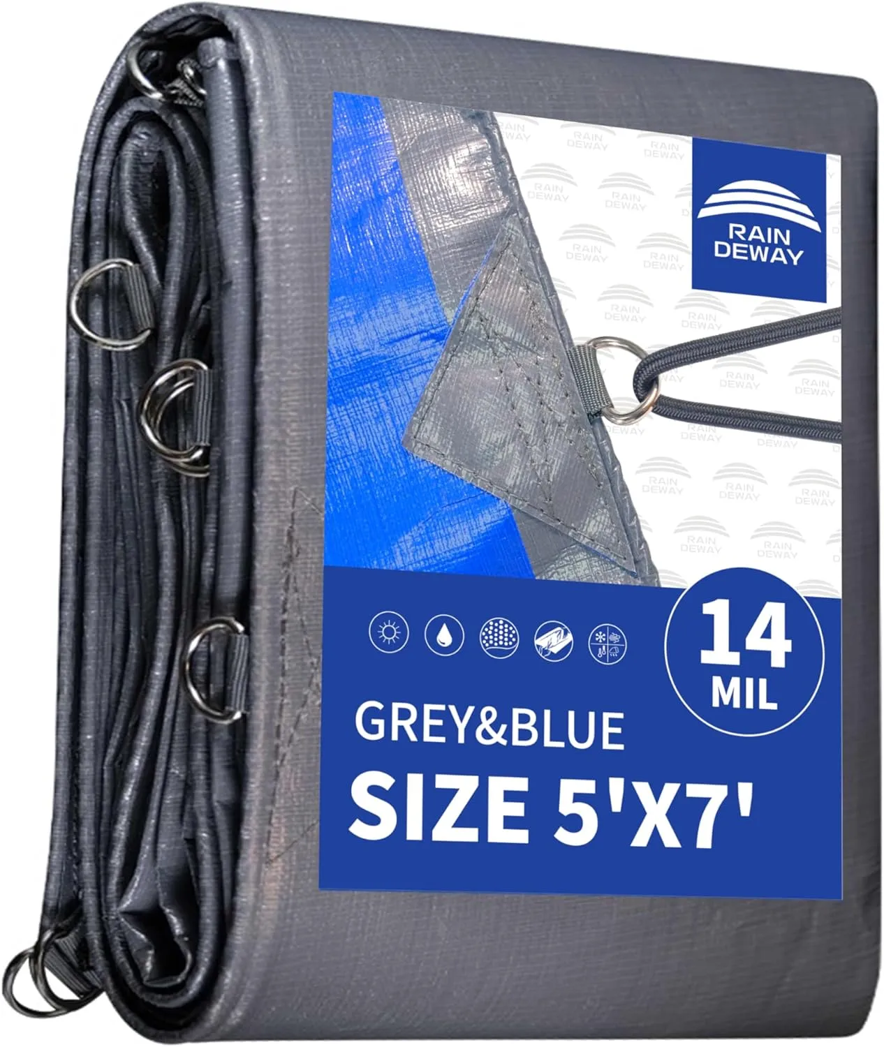 RAINDEWAY Tarps Heavy Duty Waterproof 5x7 Feet -14 Mils Super Heavy Duty Tarp with Metal Rings and Reinforced Corners and Edges, UV Resistant, Multipurpose Poly Tarp,Blue/Gray tarp