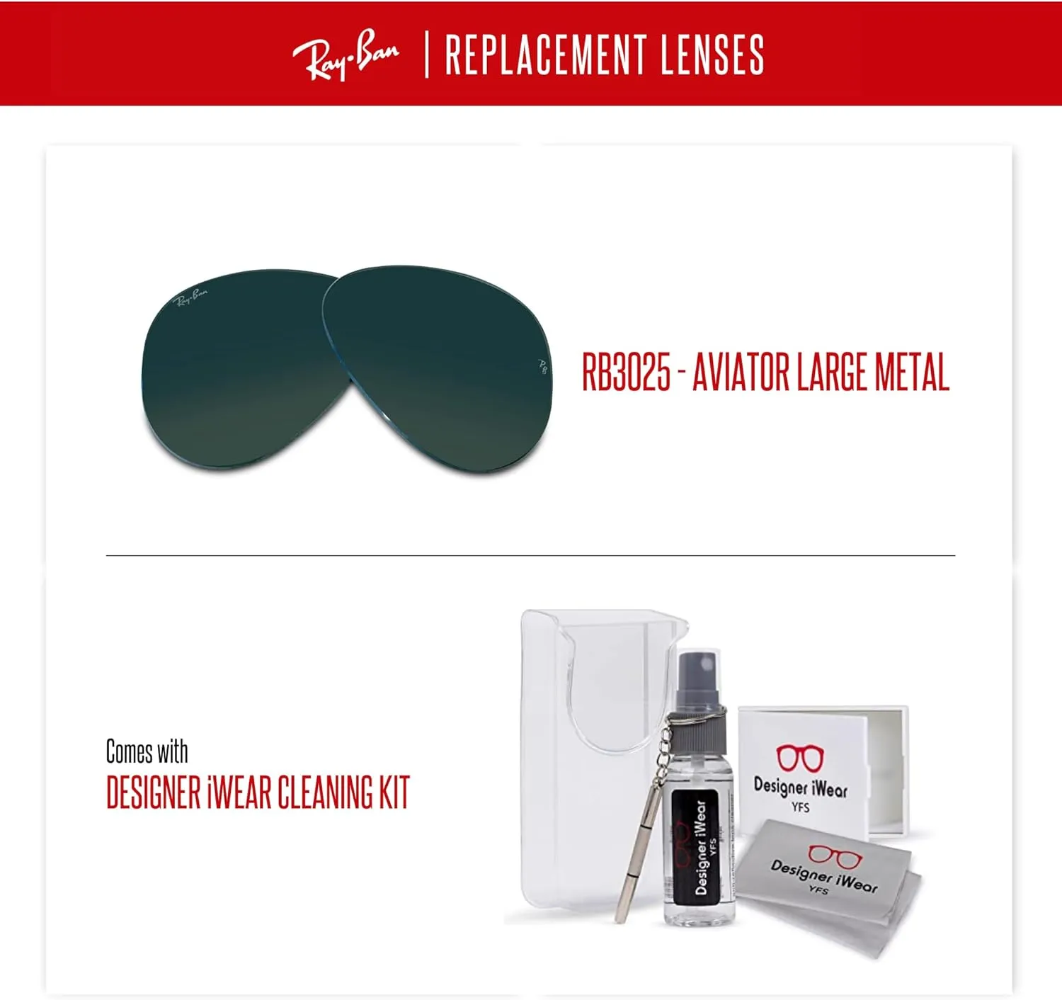 Ray-Ban Original AVIATOR LARGE METAL RB3025 Replacement Lenses   BUNDLE with Designer iWear Care Kit