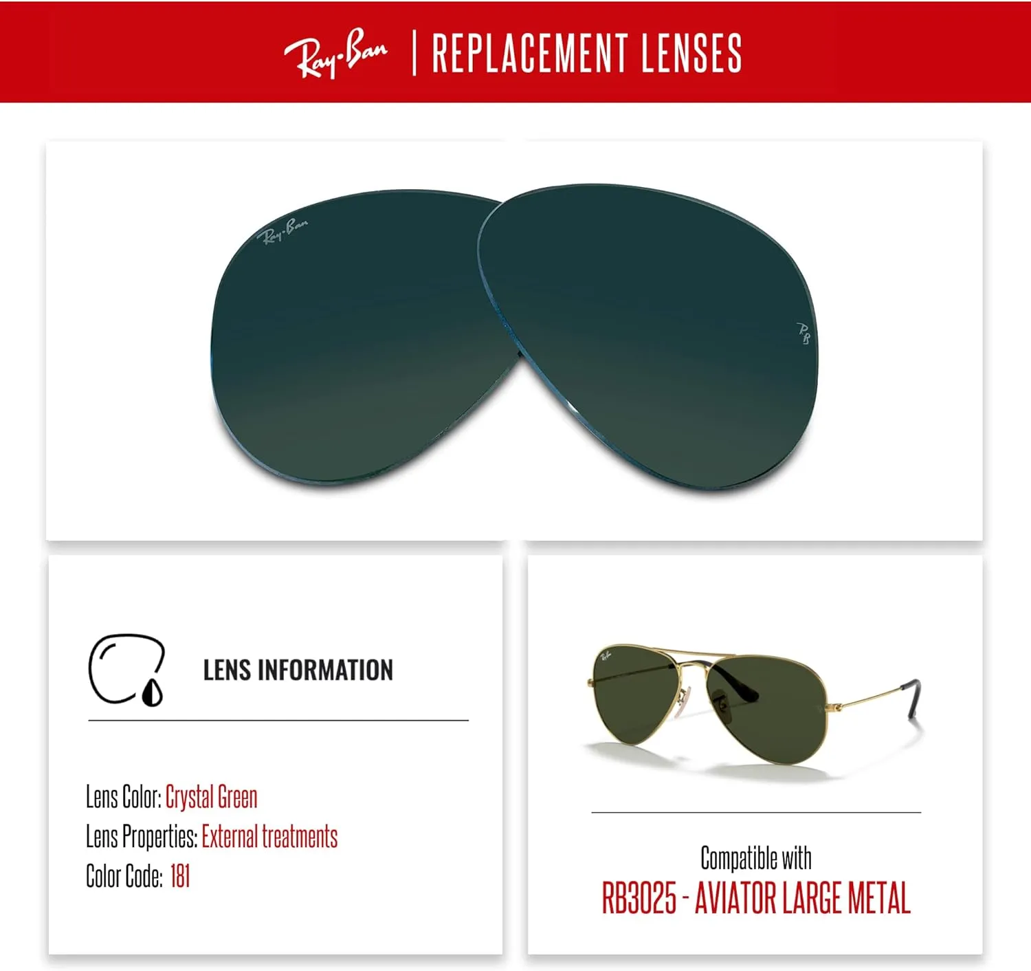 Ray-Ban Original AVIATOR LARGE METAL RB3025 Replacement Lenses   BUNDLE with Designer iWear Care Kit