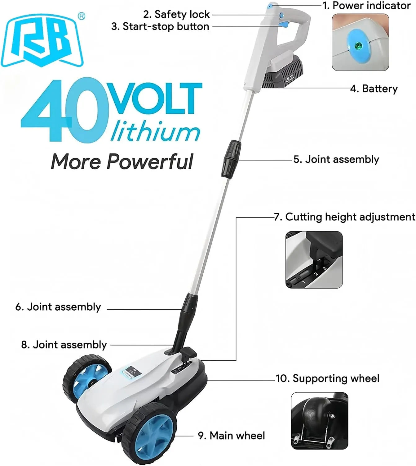 RB 9" Cordless Lawn Mower, 40V 2Ah Battery & Charger, Upright Storage, Brushless Motor 6000RPM, 3 Cutting Heights (1.2"-2"), One-Hand Steering, Detachable Handle, Safe Tilt 20°-70° for Small Yards