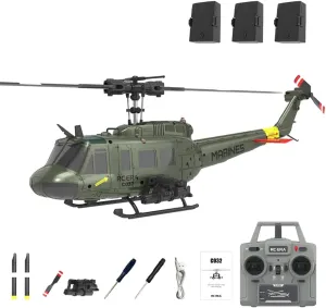 RC ERA C032 RC Helicopter for Adults, UH-1 Huey 6CH Military Scale RC Helicopter with Gyro Stabilization, Gift for Military Enthusiasts (Green/3 Battery)