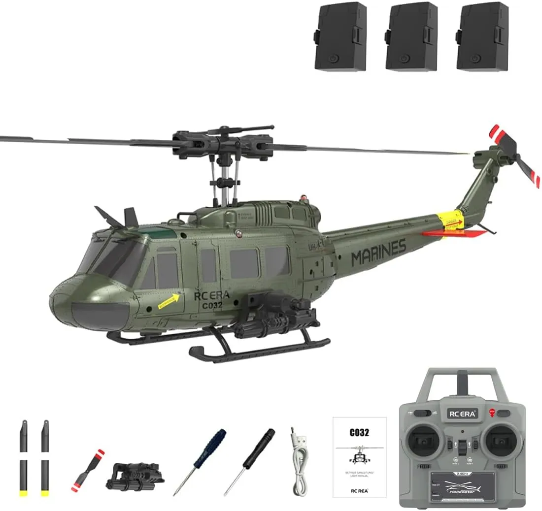 RC ERA C032 RC Helicopter for Adults, UH-1 Huey 6CH Military Scale RC Helicopter with Gyro Stabilization, Gift for Military Enthusiasts (Green/3 Battery)
