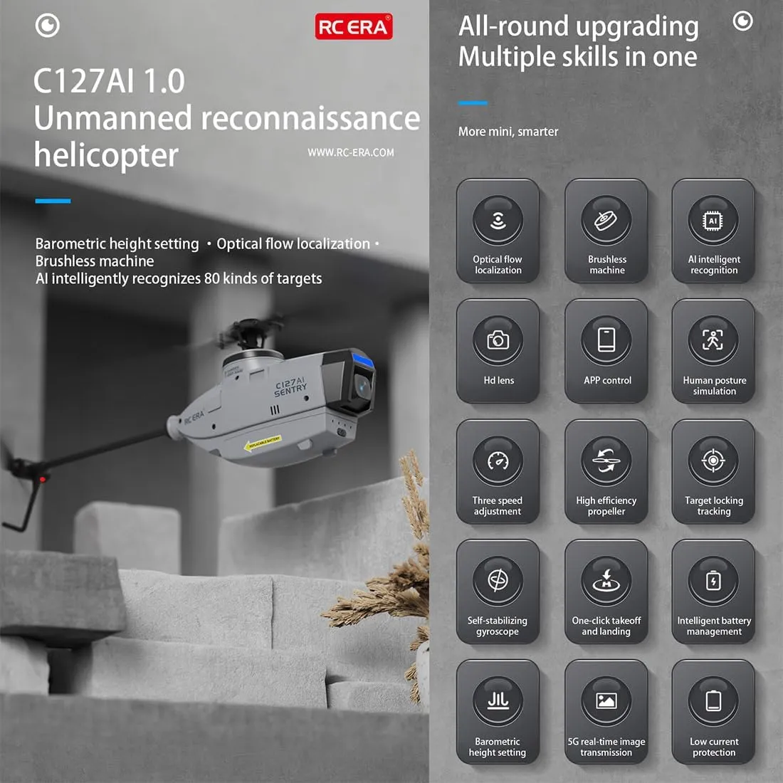 RC Helicopter wiht 1080 Camera, C127AI Scout Drone Model, 2.4G RC 4CH Single-Rotor Brushless Aircrafts Without Aileron (RTF Version/Grey)