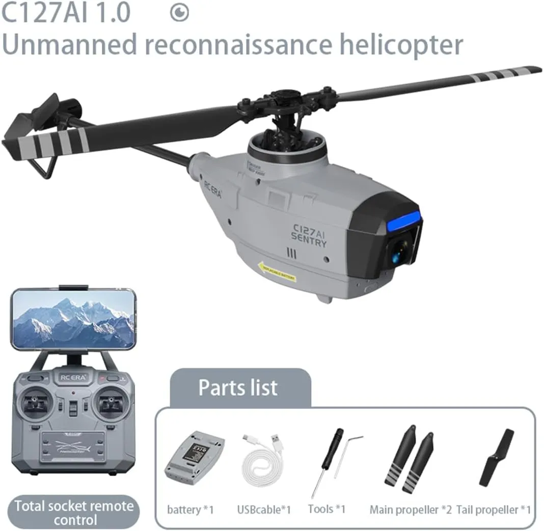 RC Helicopter wiht 1080 Camera, C127AI Scout Drone Model, 2.4G RC 4CH Single-Rotor Brushless Aircrafts Without Aileron (RTF Version/Grey)