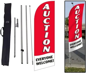 Real Estate Auction Feather Banner Flag Sign with Flag Pole Kit, Ground Stake, and Travel Bag