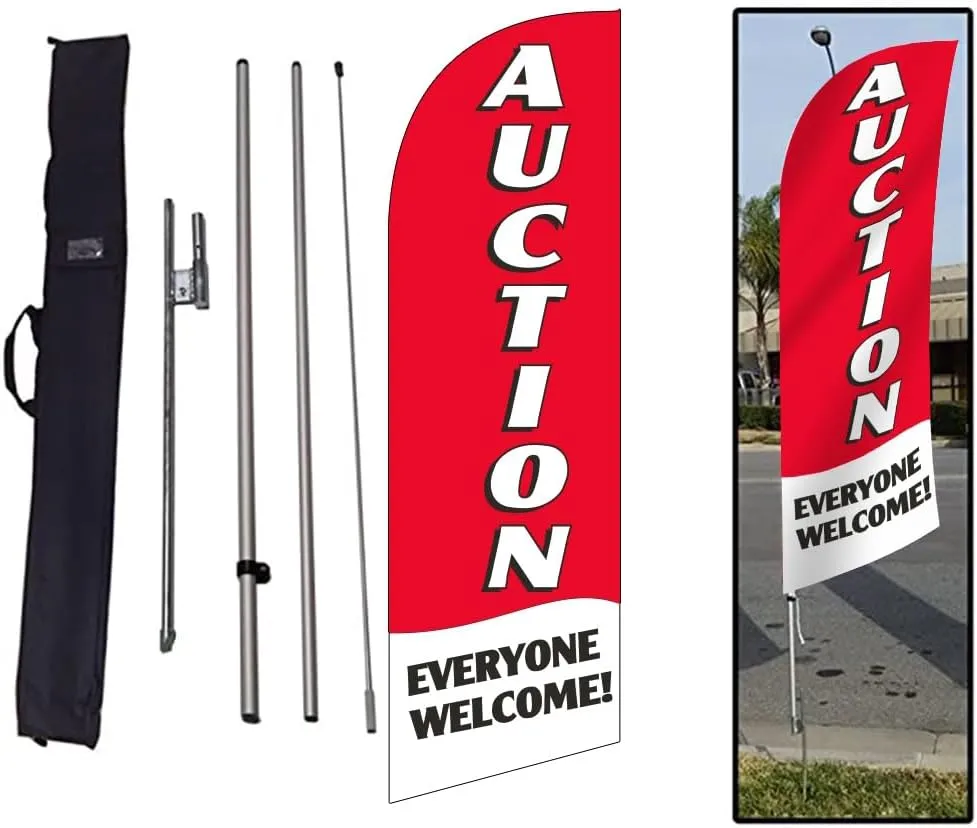Real Estate Auction Feather Banner Flag Sign with Flag Pole Kit, Ground Stake, and Travel Bag