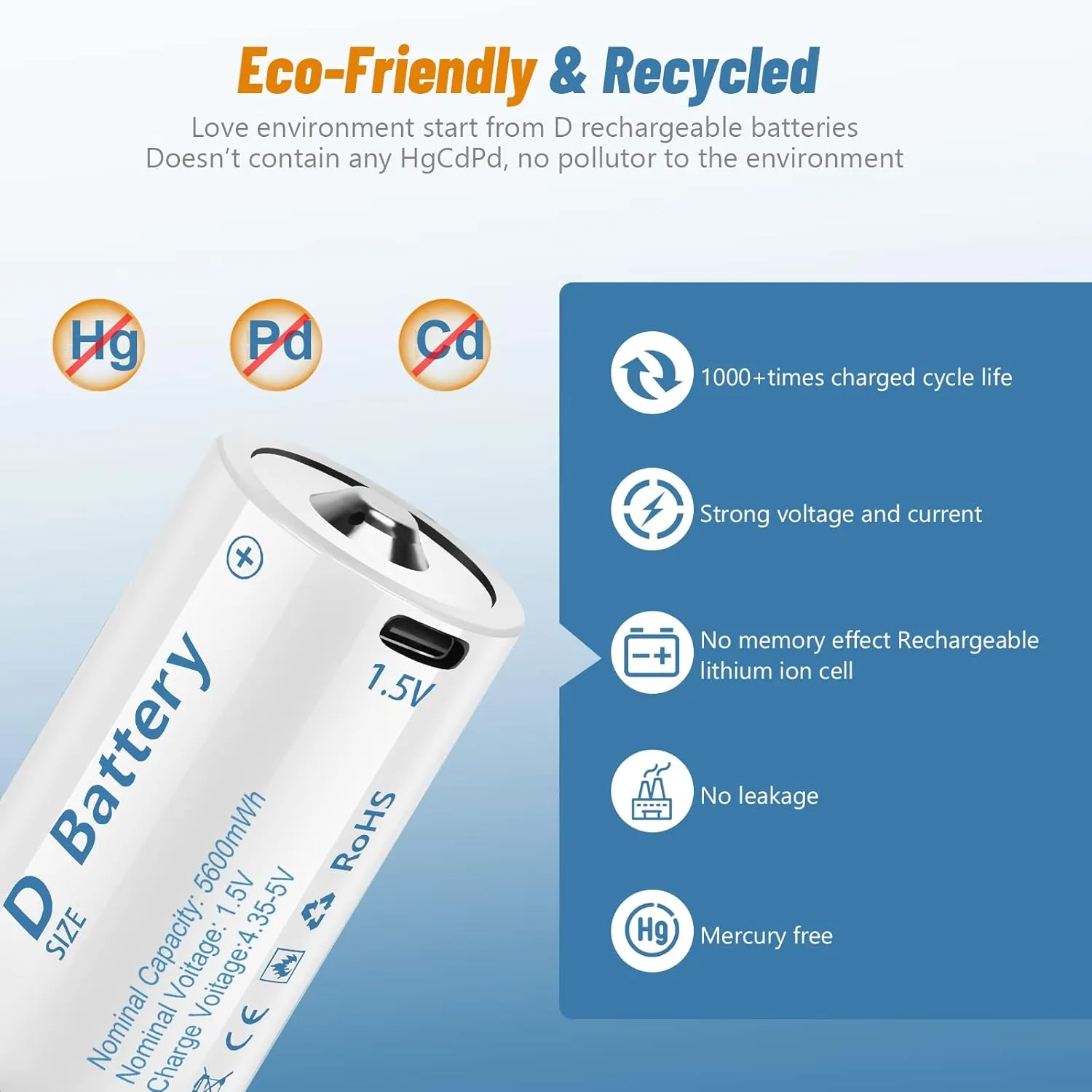 Rechargeable Lithium D Batteries with 4 in 1 USB-C Charging Cable,1.5V D Size Cell Battery 5600mWh for Flashlight Toys & floodlight (4 Pack)