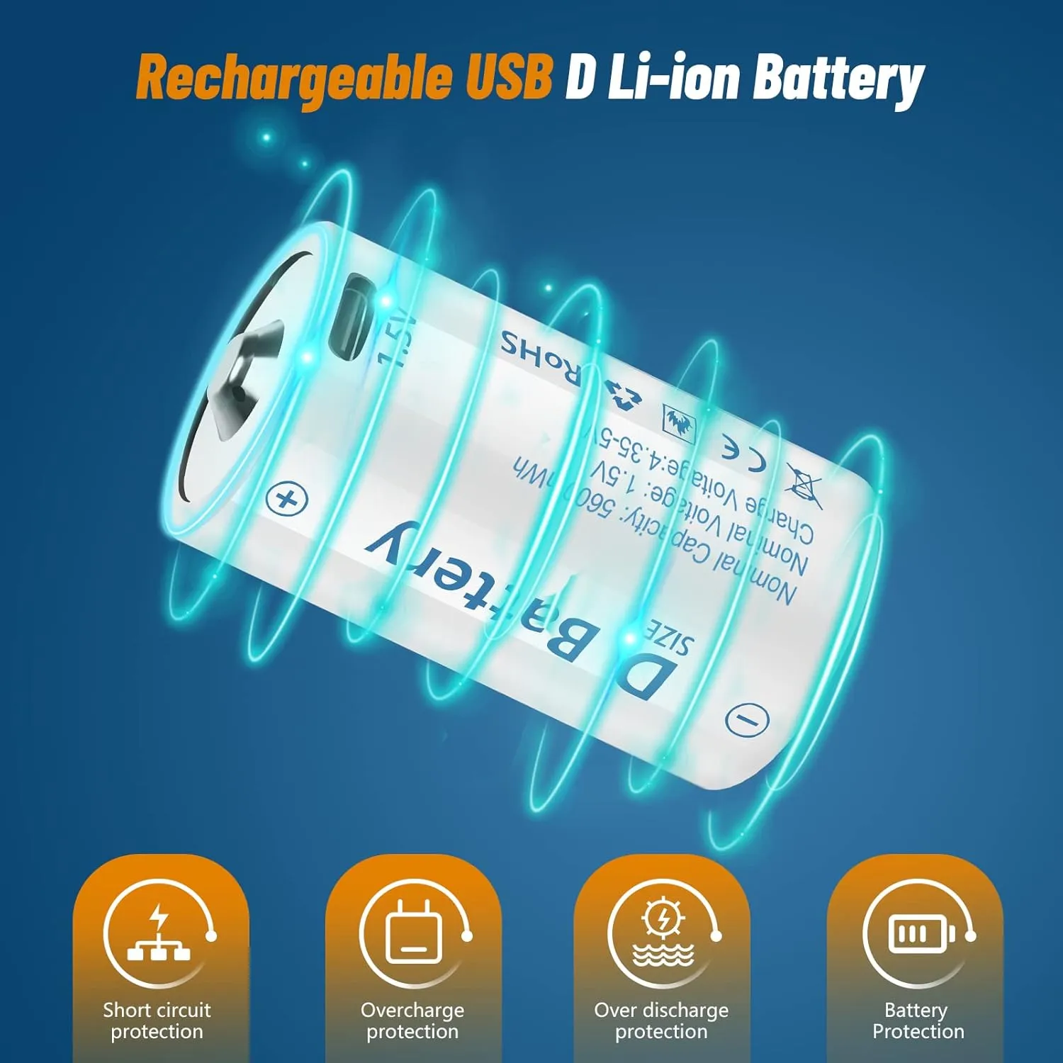 Rechargeable Lithium D Batteries with 4 in 1 USB-C Charging Cable,1.5V D Size Cell Battery 5600mWh for Flashlight Toys & floodlight (4 Pack)