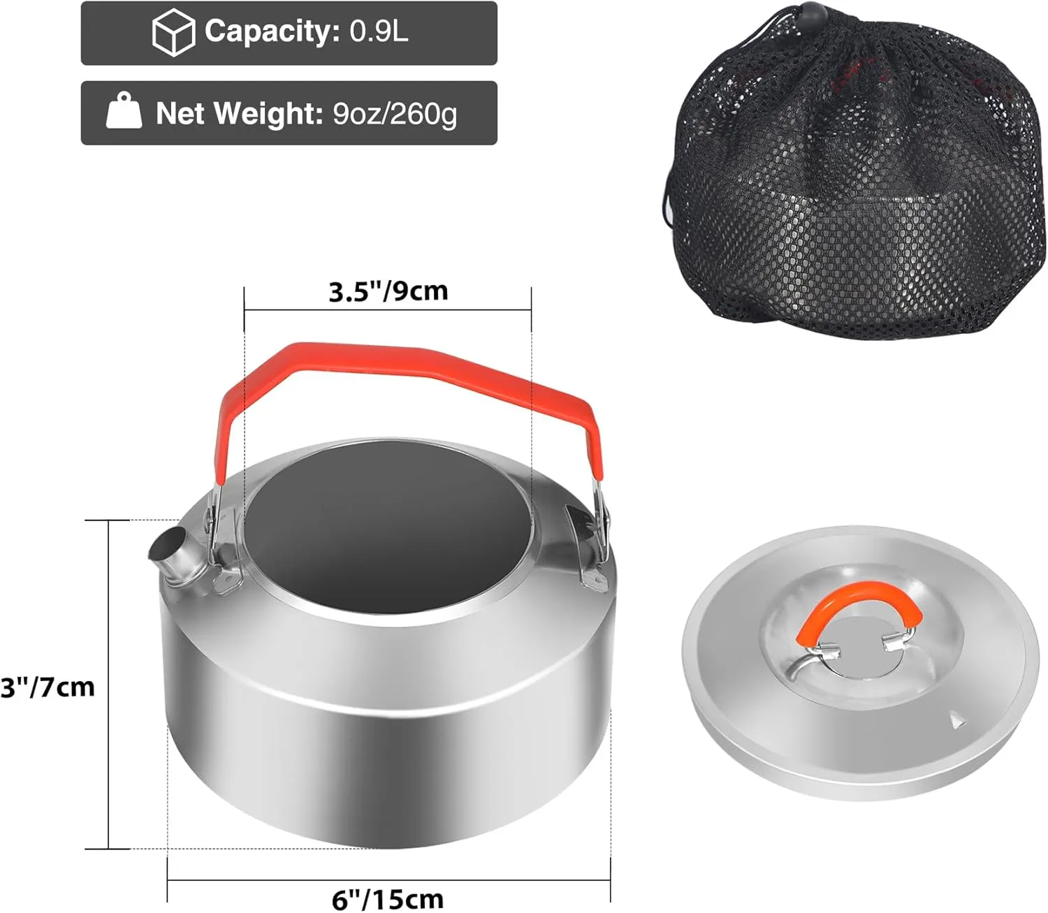 REDCAMP 0.9L Outdoor Camping Kettle, Lightweight Stainless Steel Water Pot with Carrying Bag, Portable Camp Tea Kettle Coffee Pot for Hiking Picnic Camping