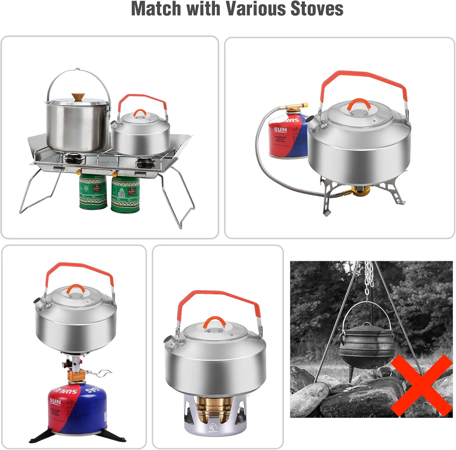 REDCAMP 0.9L Outdoor Camping Kettle, Lightweight Stainless Steel Water Pot with Carrying Bag, Portable Camp Tea Kettle Coffee Pot for Hiking Picnic Camping