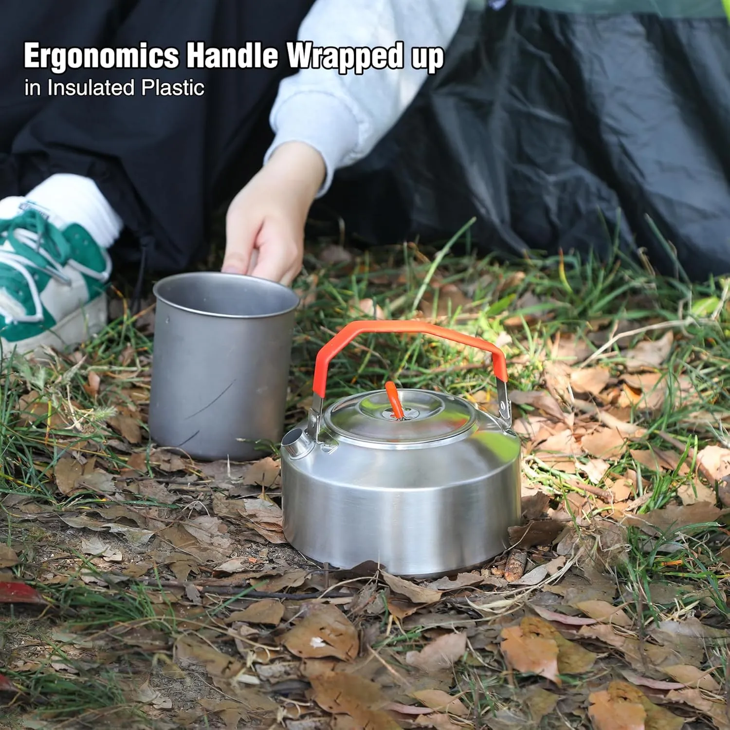 REDCAMP 0.9L Outdoor Camping Kettle, Lightweight Stainless Steel Water Pot with Carrying Bag, Portable Camp Tea Kettle Coffee Pot for Hiking Picnic Camping