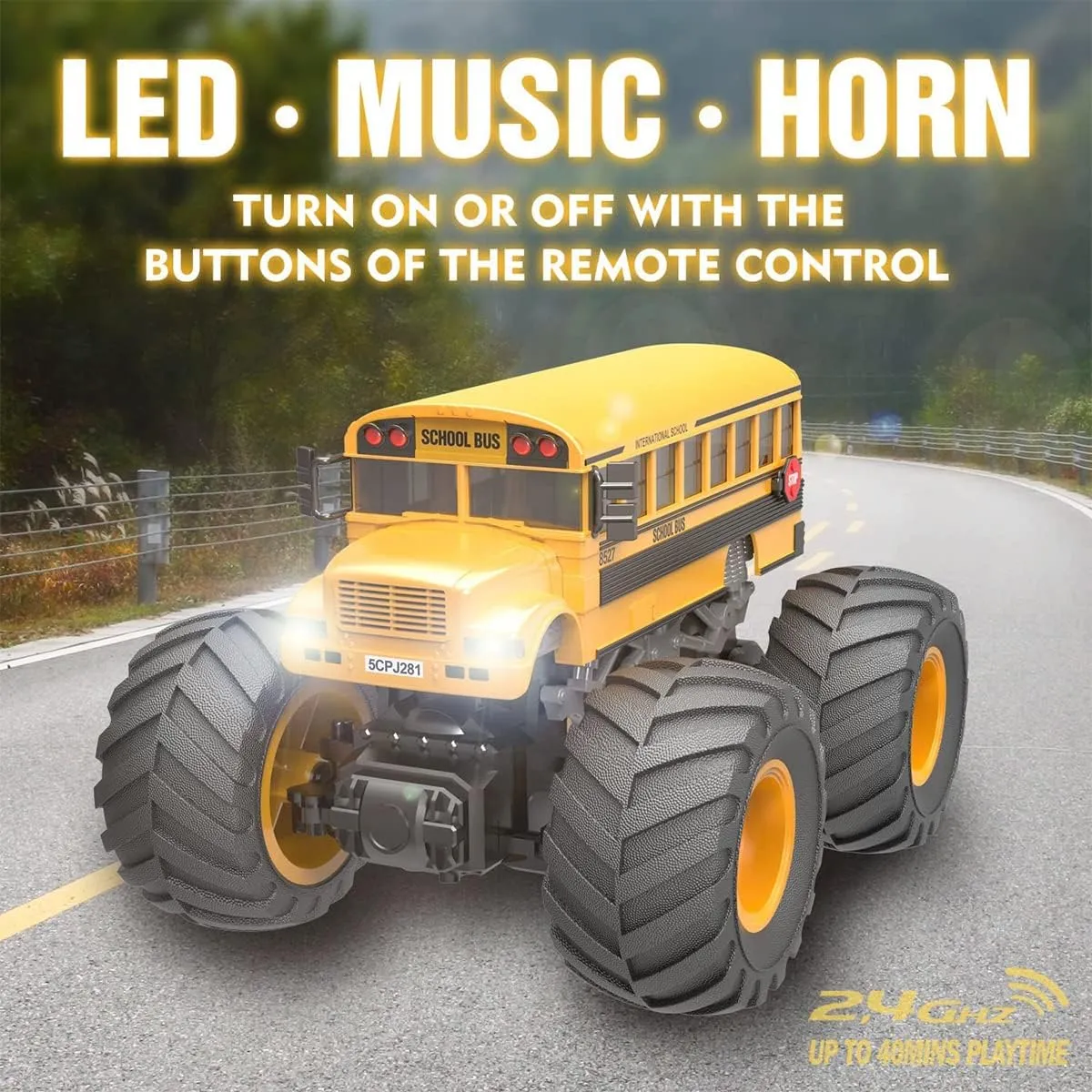 Remote Control Monster Truck - 1:18 Scale RC Fire Truck, 2.4GHz Big Wheel School Bus with Lights, Sounds, Rechargeable Electric Toy Stunt Jam Car for Kids, Boys, Girls (School Bus)
