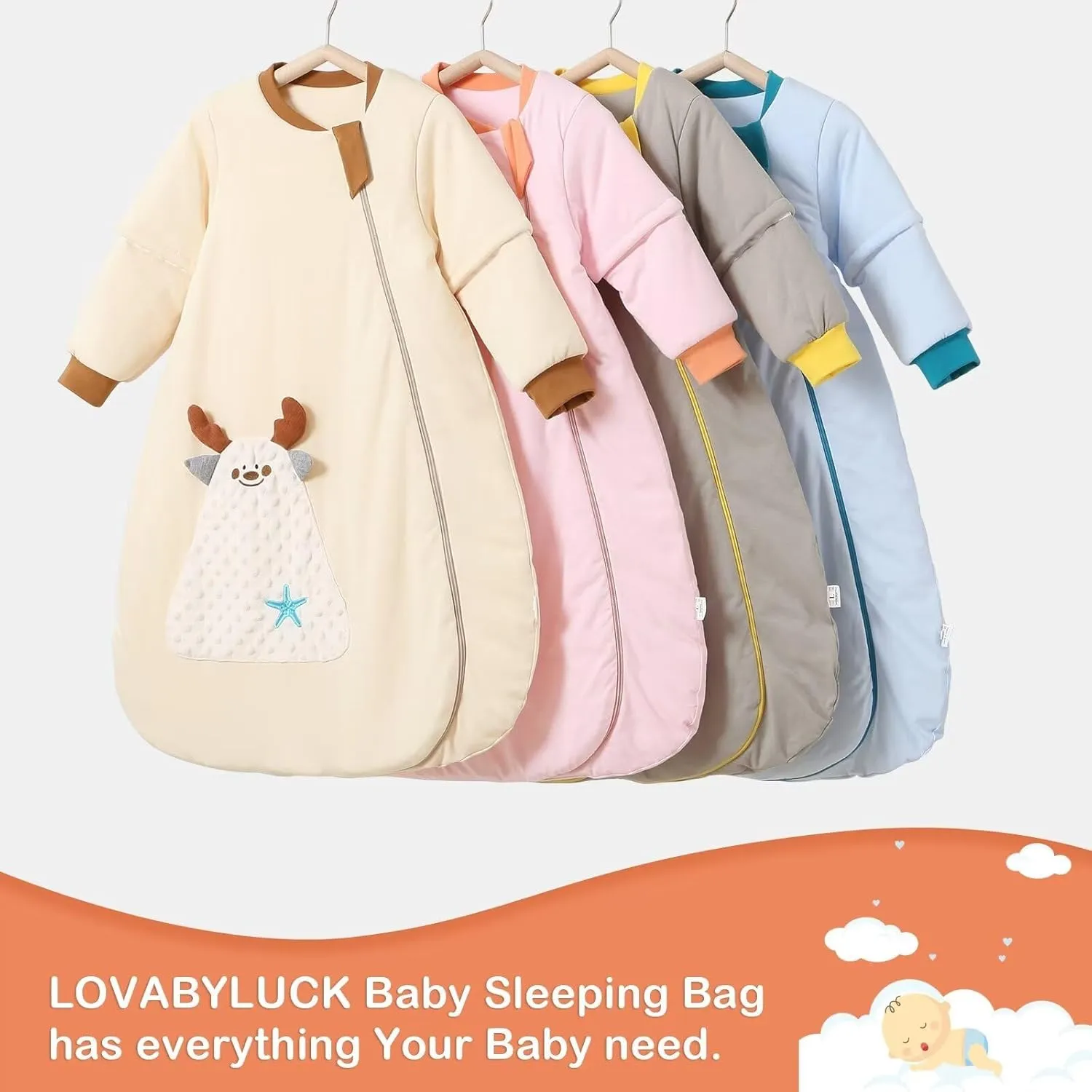 Removable Sleeve Baby Winter Sleep Sack with 2-Way Zipper 100% Cotton Infant Wearable Blanket 2.5 TOG
