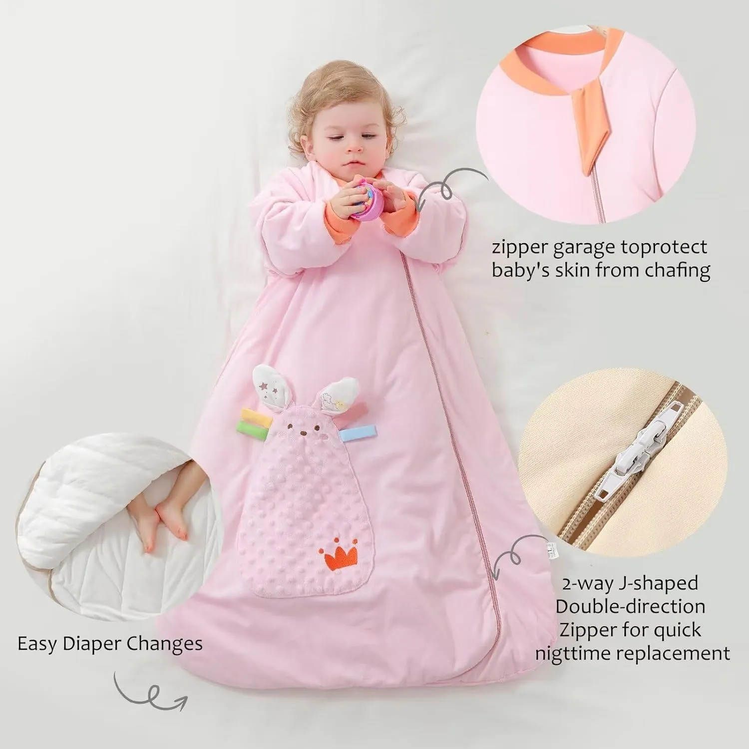 Removable Sleeve Baby Winter Sleep Sack with 2-Way Zipper 100% Cotton Infant Wearable Blanket 2.5 TOG