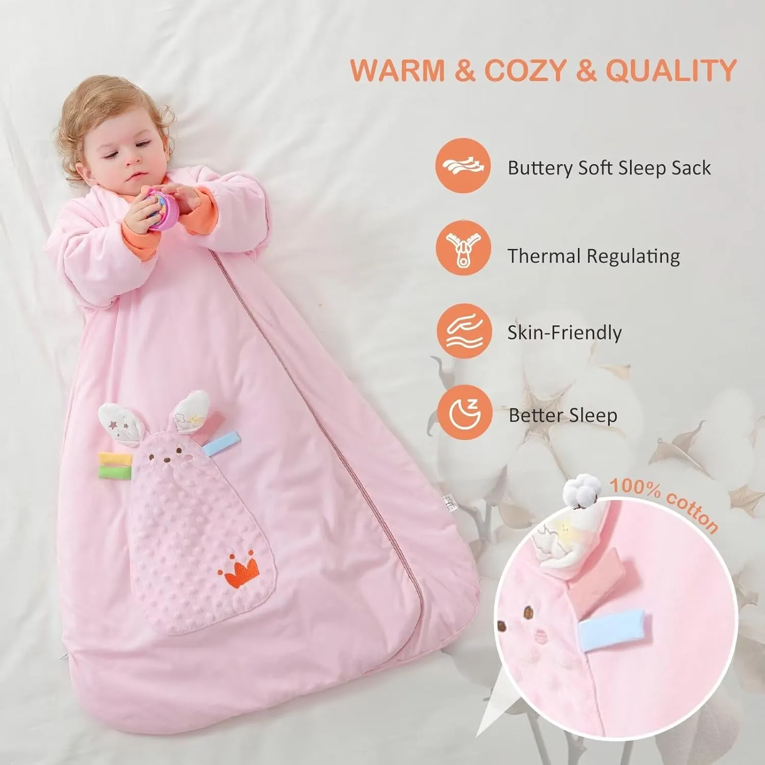Removable Sleeve Baby Winter Sleep Sack with 2-Way Zipper 100% Cotton Infant Wearable Blanket 2.5 TOG