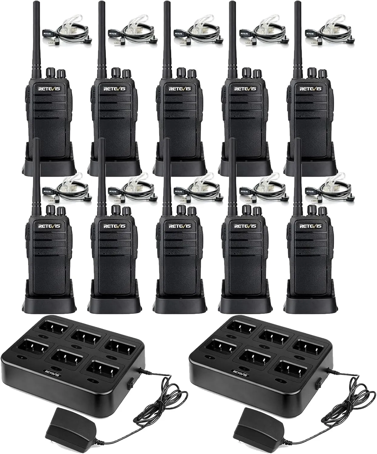 Retevis RT21 Walkie Talkies(10 Pack) Bundle with Six-Way Charger(2 Pack) with Earpiece,2 Way Radio Long Range,Rugged Emergency Alarm,Handfree, Portable FRS Two Way Radios for Warehouse Education