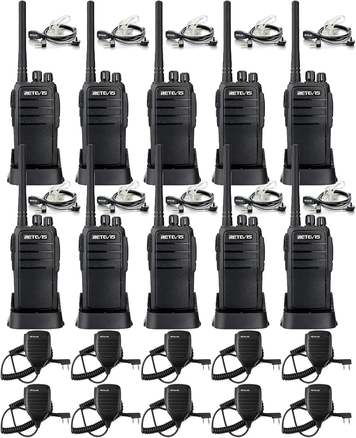 Retevis RT21 Walkie Talkies(10 Pack) Bundle with Speaker Mic(10 Pack),2 Way Radio Long Range with Earpiece,Rugged Emergency Alarm,Handfree, Portable FRS Two Way Radios for Warehouse Education