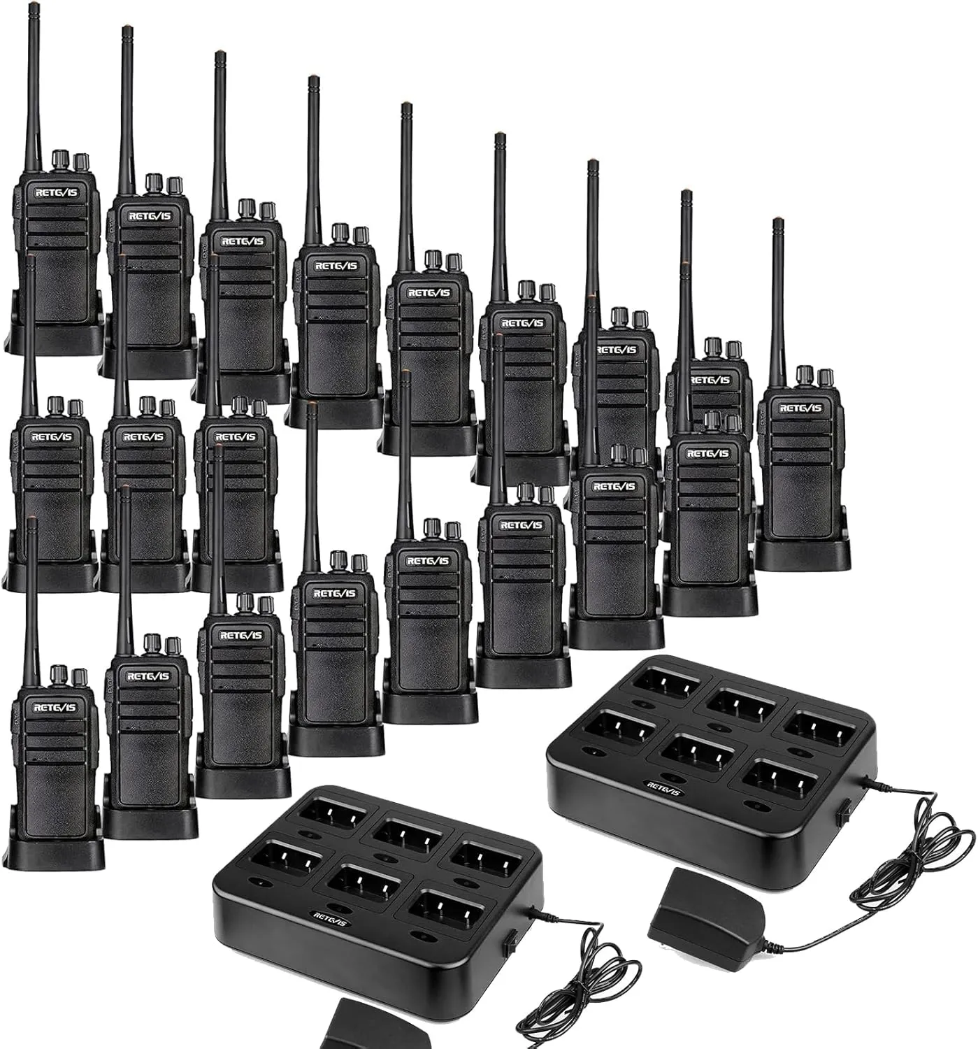 Retevis RT21 Walkie Talkies(20 Pack) Bundle with Six-Way Charger(2 Pack),Two Way Radio Long Range Rechargeable,Rugged 2 Way Radios,Stable Strong Signal,for Business Education Manufacturing