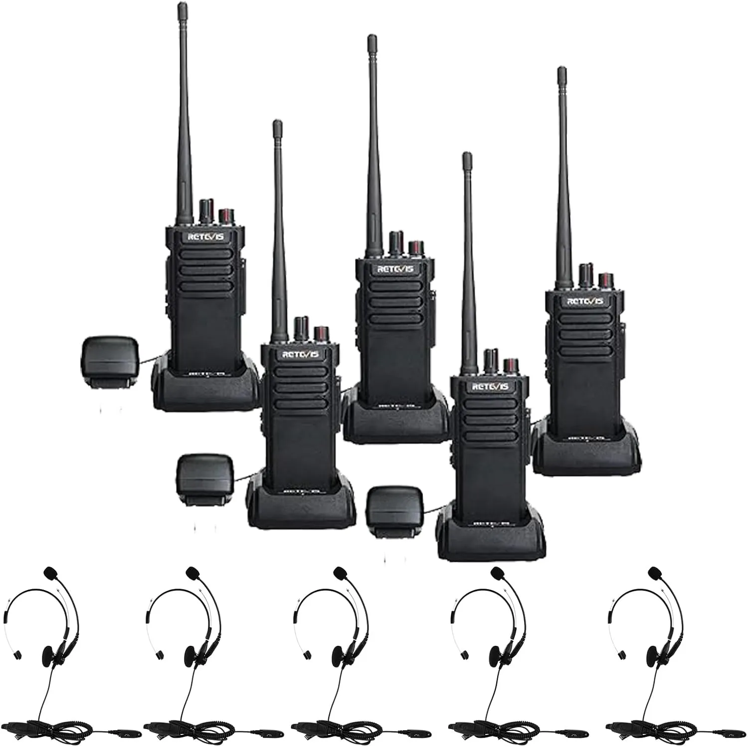 Retevis RT29 2 Way Radio Long Range(5 Pack) with Two Way Radio Headset(5 Pack), IP67 Waterproof Walkie Talkies,700,000 sq. ft/50 Floor Range Heavy Duty Two Way Radio, 3200mAh Battery