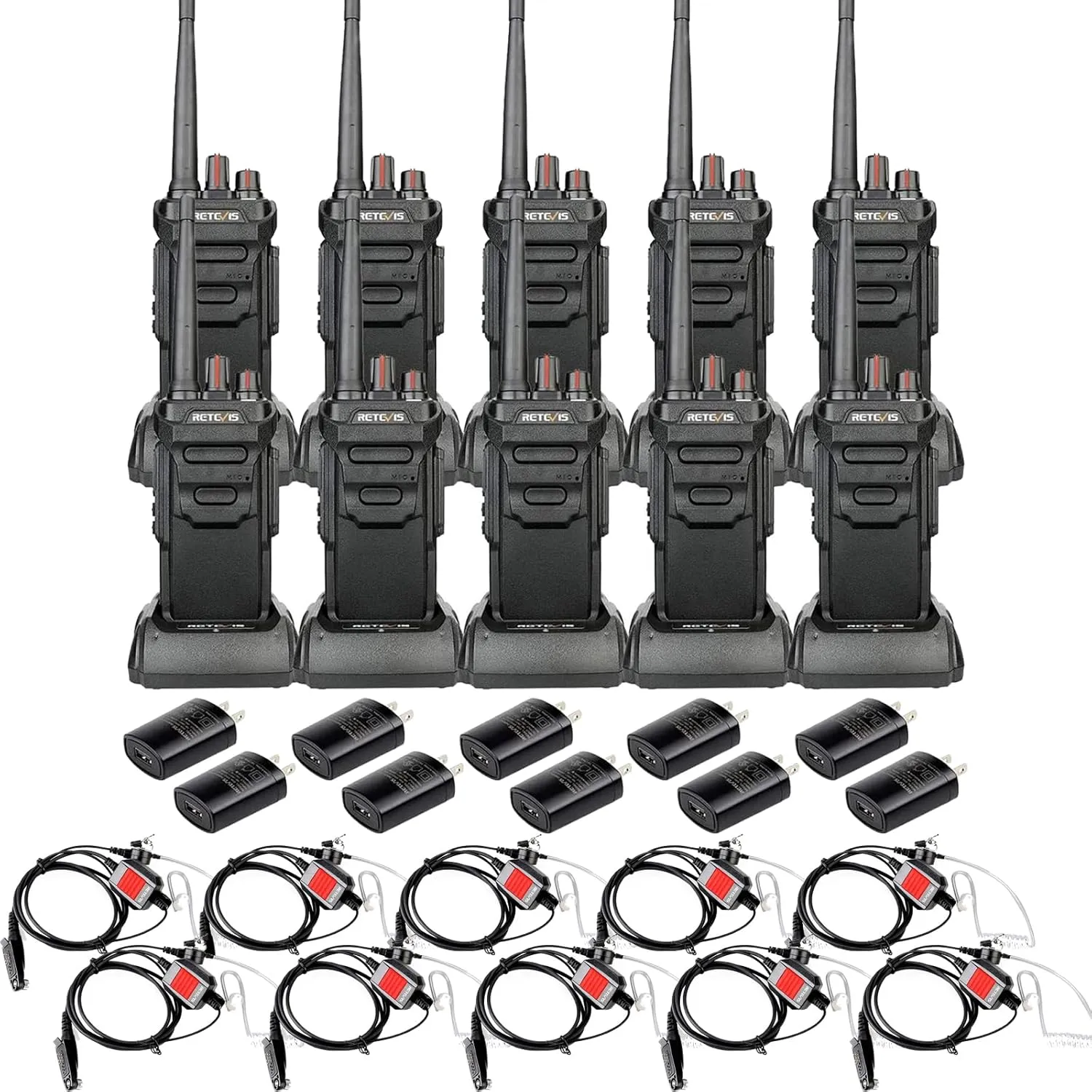 Retevis RT48 Walkie Talkie Waterproof(10 Pack) with IP66 Waterproof Earpiece(10 Pack),Walkie Talkies for Adults,Long Range,Rugged,Portable FRS Two-Way Radios for Commercial Construction