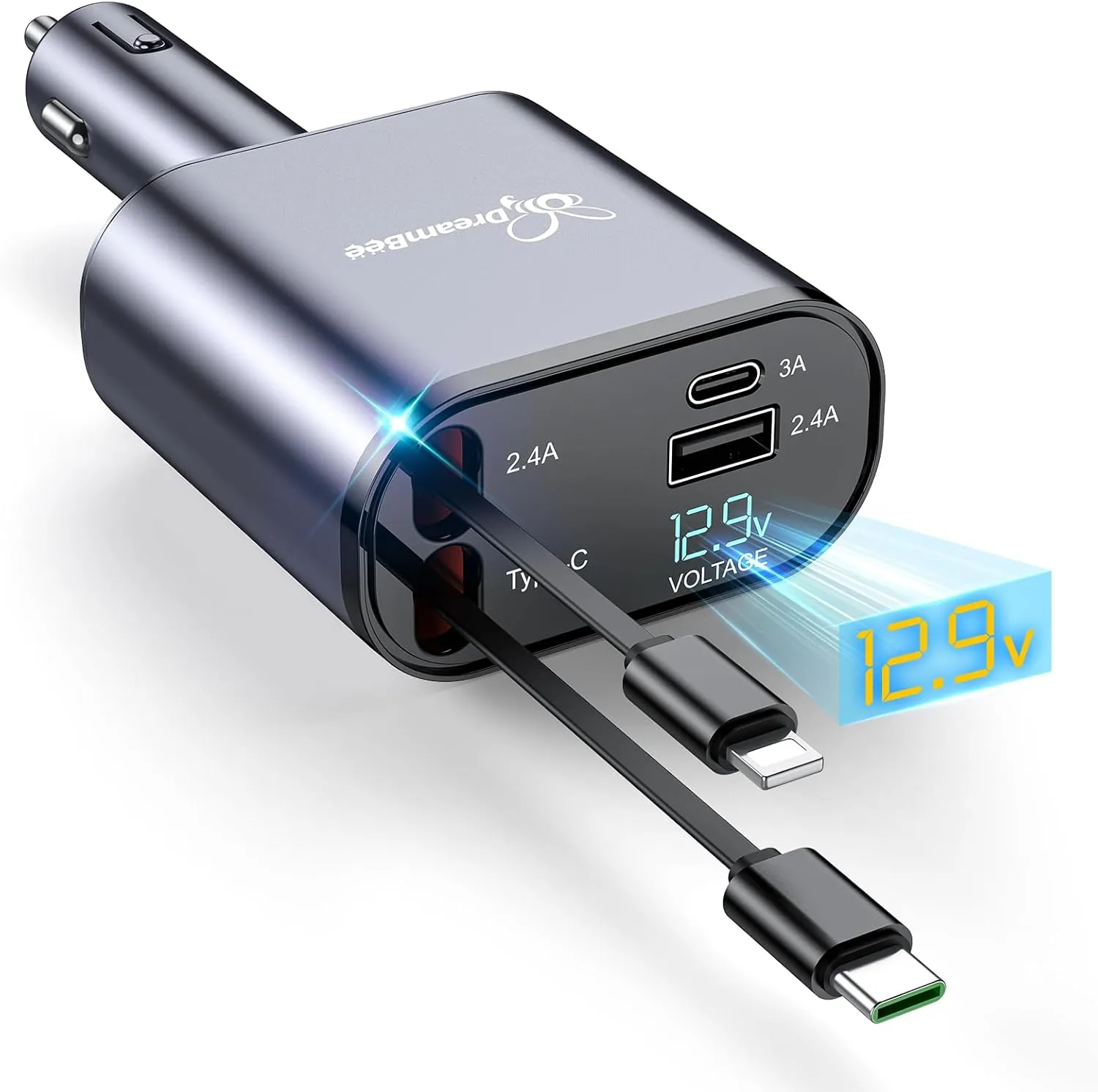Retractable Car Charger,66W 4 in 1 Super Fast Charge Car Phone Charger,Retractable Cables (31.5 inch) and 2 USB Ports Car Charger Adapter for iPhone 15/14/13/12 Pro Max XR,iPad,Samsung,Pixel