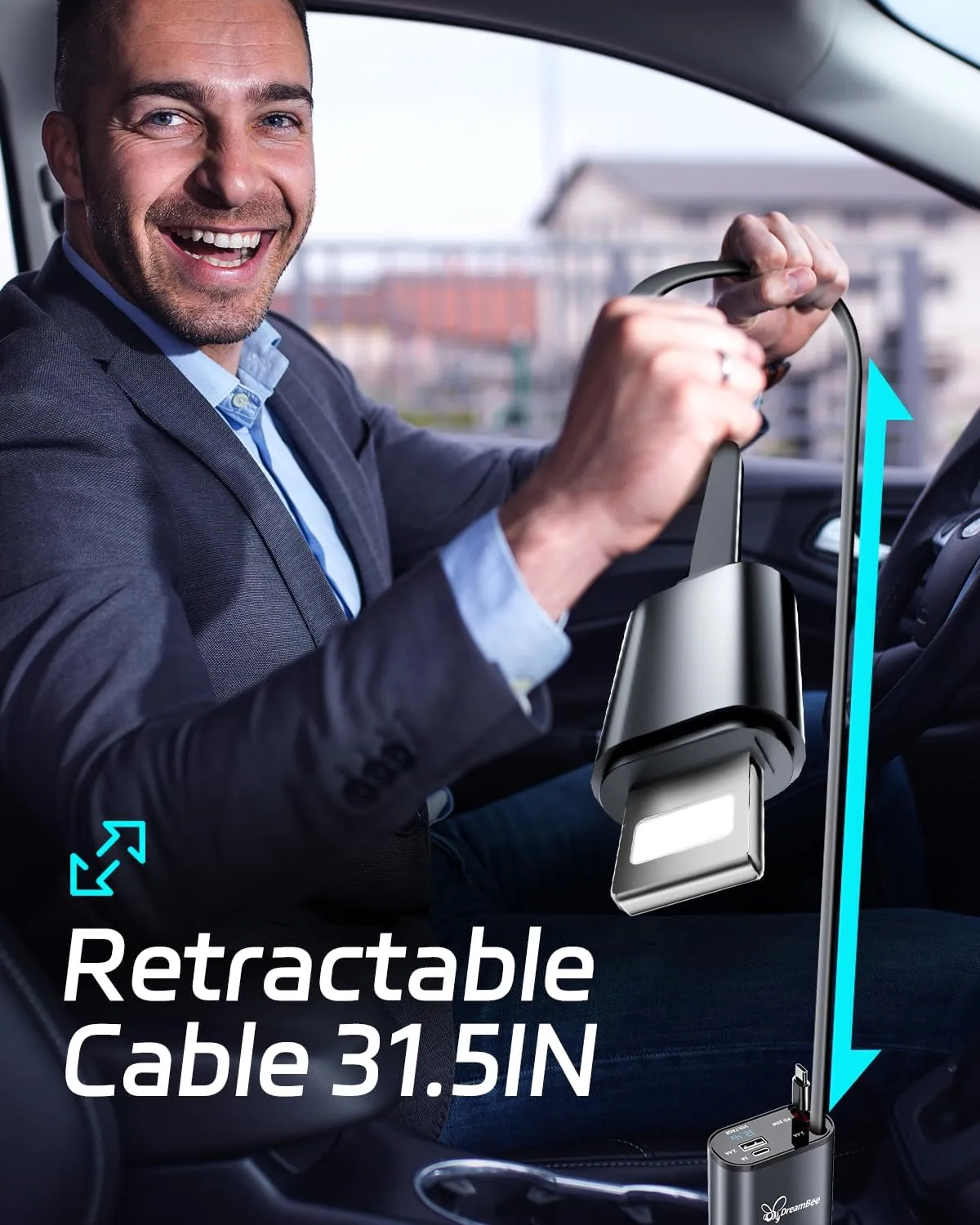 Retractable Car Charger,66W 4 in 1 Super Fast Charge Car Phone Charger,Retractable Cables (31.5 inch) and 2 USB Ports Car Charger Adapter for iPhone 15/14/13/12 Pro Max XR,iPad,Samsung,Pixel