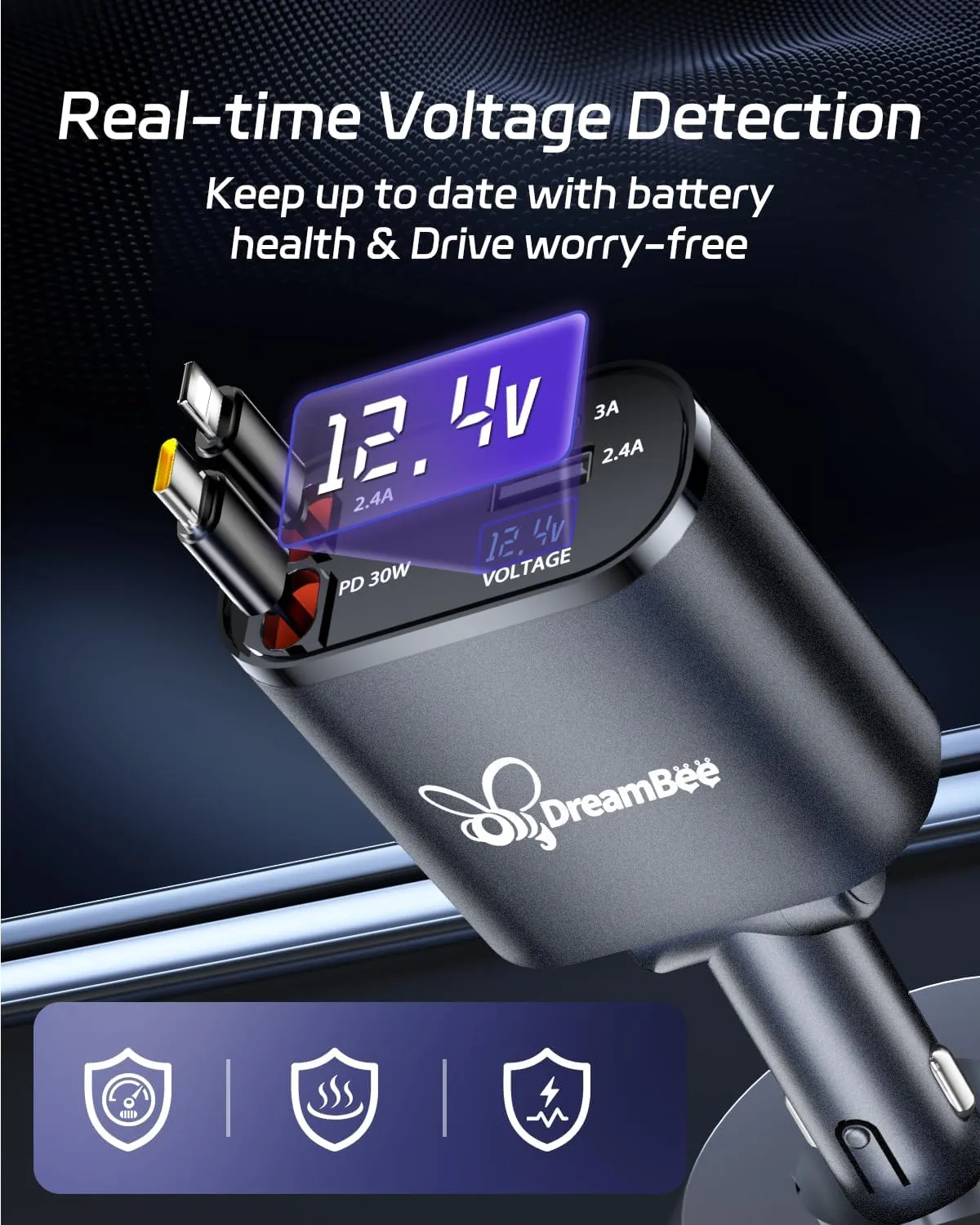 Retractable Car Charger,66W 4 in 1 Super Fast Charge Car Phone Charger,Retractable Cables (31.5 inch) and 2 USB Ports Car Charger Adapter for iPhone 15/14/13/12 Pro Max XR,iPad,Samsung,Pixel