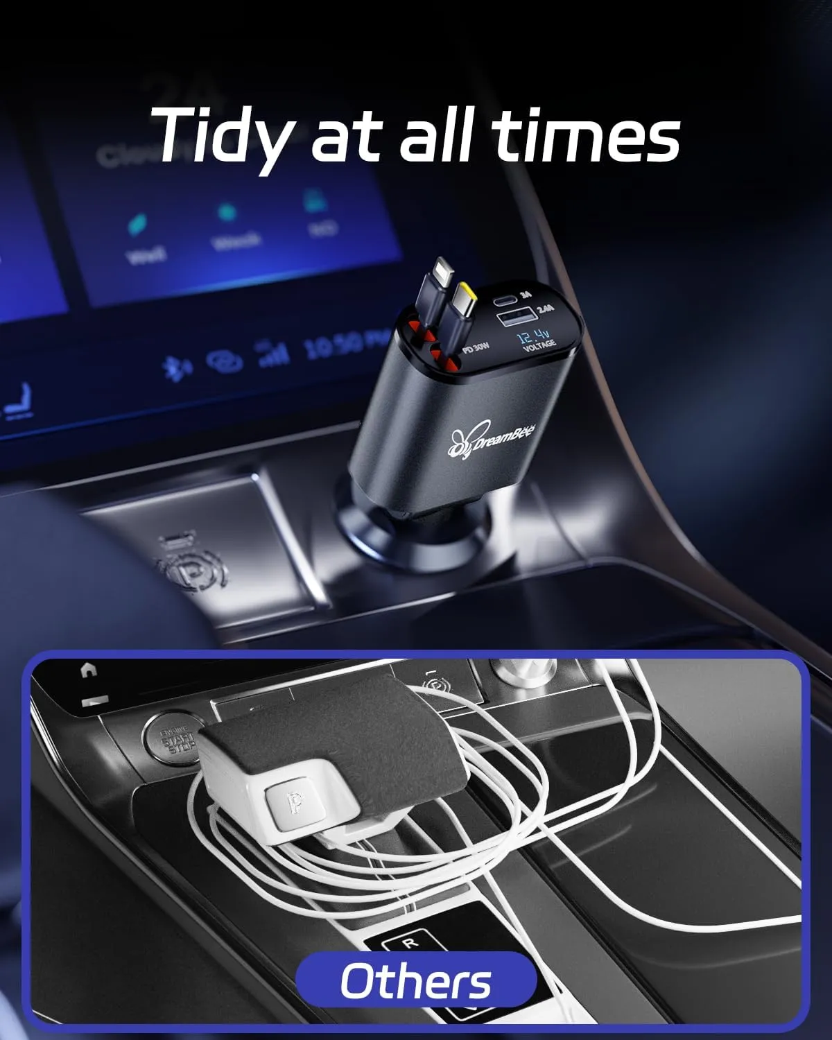 Retractable Car Charger,66W 4 in 1 Super Fast Charge Car Phone Charger,Retractable Cables (31.5 inch) and 2 USB Ports Car Charger Adapter for iPhone 15/14/13/12 Pro Max XR,iPad,Samsung,Pixel