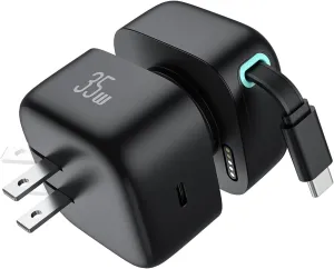 Retractable Wall Charger, 35W PD Fast Charger Block with Type C Retractable Cable (31.5 inch) and Type C Ports, Portable Charger Adapter for iPhone 16/15 Pro Max/Galaxy/Pixel & More