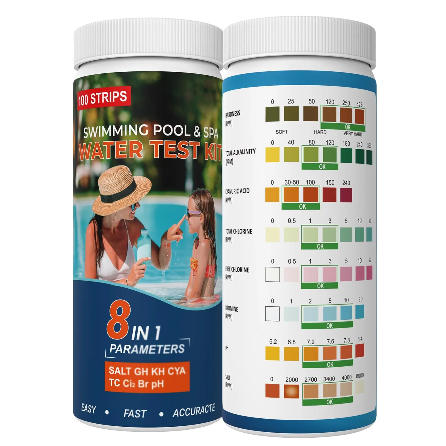 Salt-Water Pool Test Strips Kit, 8IN1 Salt Pool Test Strips 100 Strips for Salt Water Pool Testing Kit Pool Salt Test Strips for Pool, Hot Tub&Spa Testing Salt Chlorine pH and More