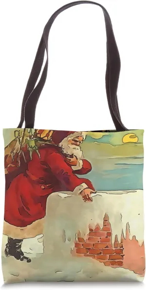 Santa Stepping Into A Rooftop Chimney Black Outline Art Tote Bag