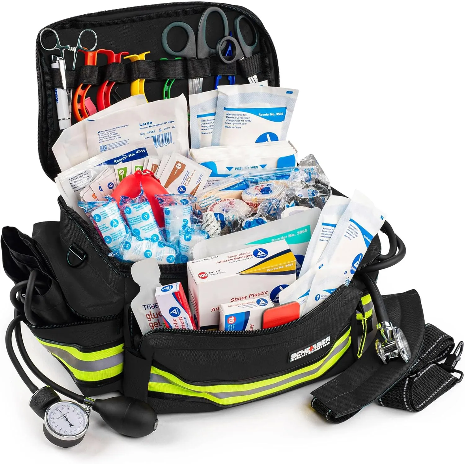 Scherber First Responder Fully-Stocked Professional Essentials EMT/EMS Trauma Kit | HSA/FSA Approved | Reflective Bag w/8 Zippered Pockets & Compartments & 200  First Aid Supplies - Black
