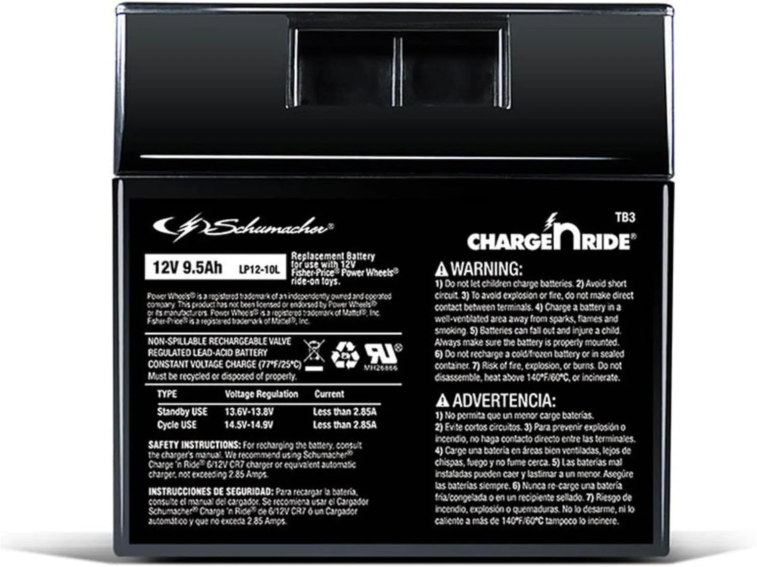 Schumacher Electric 12V Battery for Ride on Toys - TB3 12V 9.5 Amp Hours & Replaceable Fuse - Rechargeable 12V Ride On Replacement Battery for Fisher-Price Power Wheels Vehicles - Safe & Easy to Use