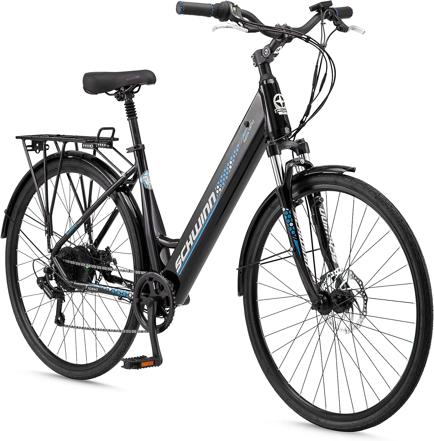 Schwinn Kettle Valley Electric Bike for Adults, 18.5-Inch Lightweight Aluminum eBike Frame, 375Wh Battery, 7 Speed, 700c Wheels, Gloss Black